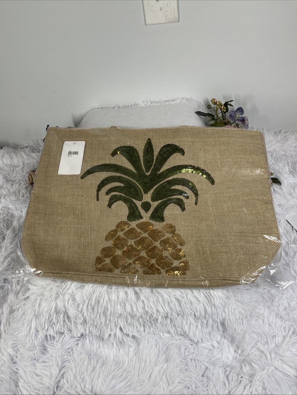 Bon Voyage Large Jute Tote Bag Sequin Pineapple Beach Coastal Vacation Bag